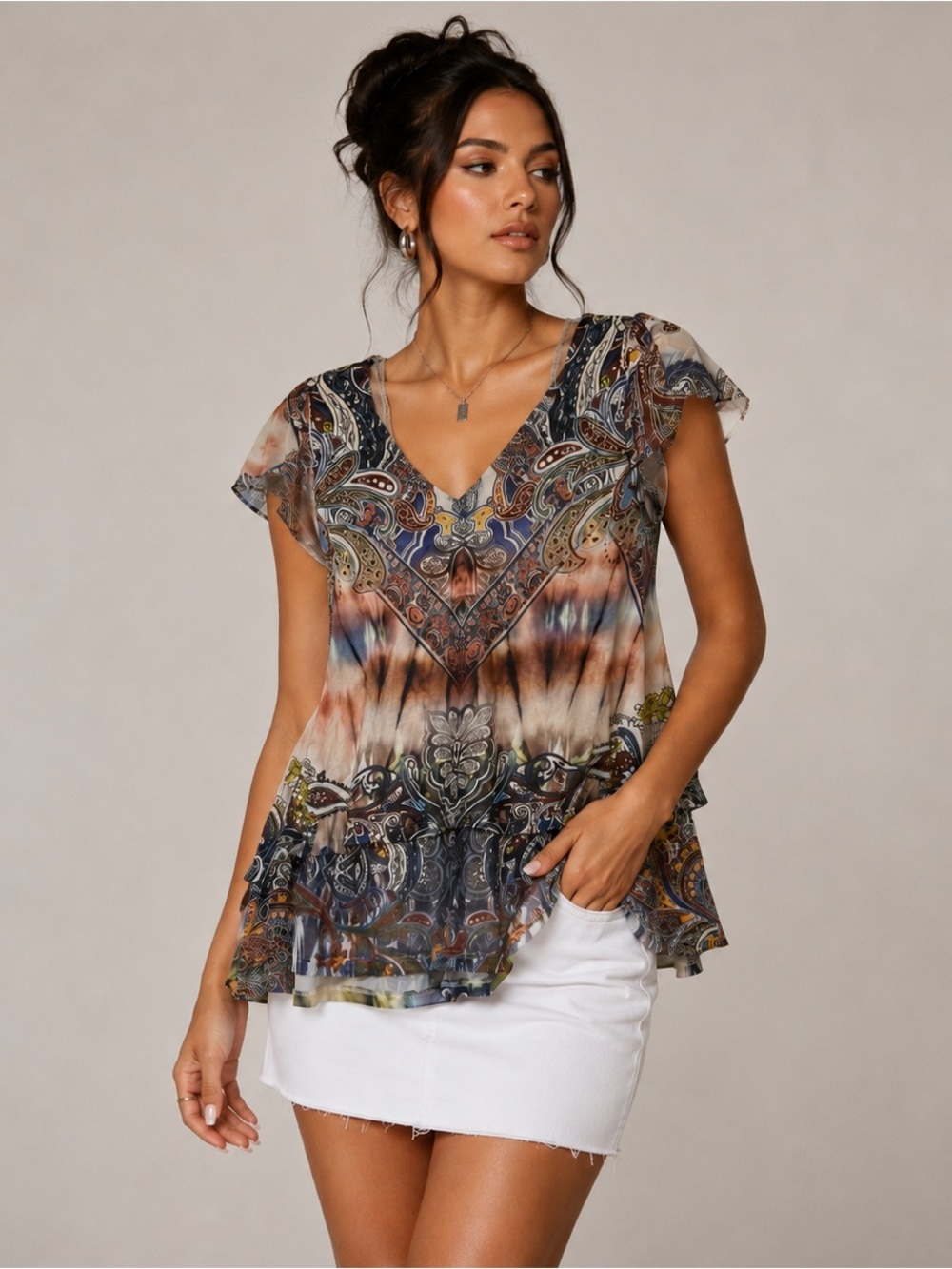New Women’s Paisley Print Layered Peplum Blouse Boho Short Sleeve Size S